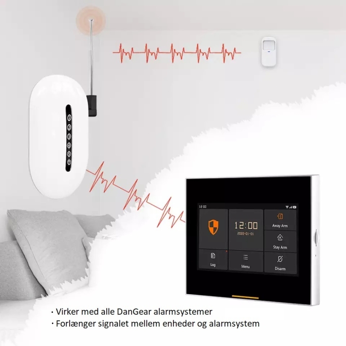 Signalforstærker. Virker med alle DanGear alarmsystemer. Forlænger signalet mellem enheder of alarmsystem