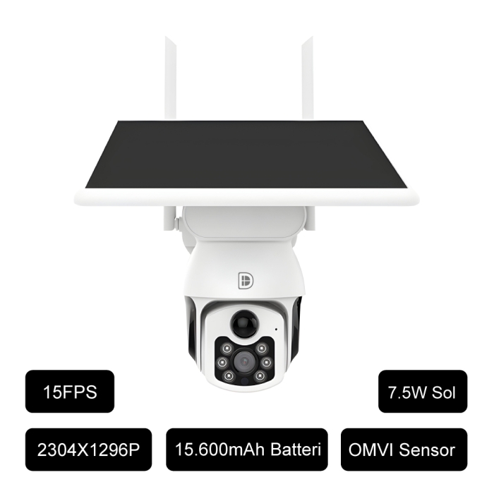 DanGear 4G 3MP PTZ overvågningskamera med solcelle og batteri set fra siden og med specs