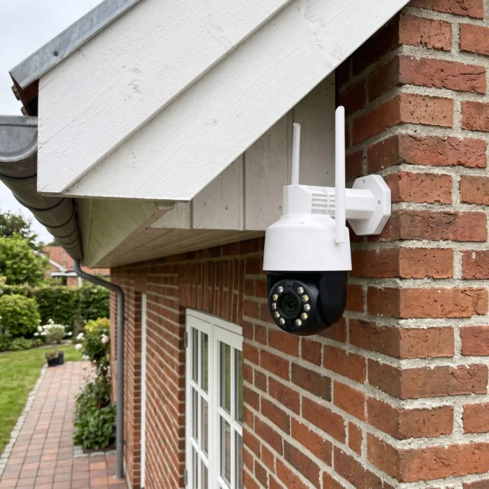 PTZ overvågningskamera med 20X optisk zoom monteret på rød mursten væg på hus i danmark