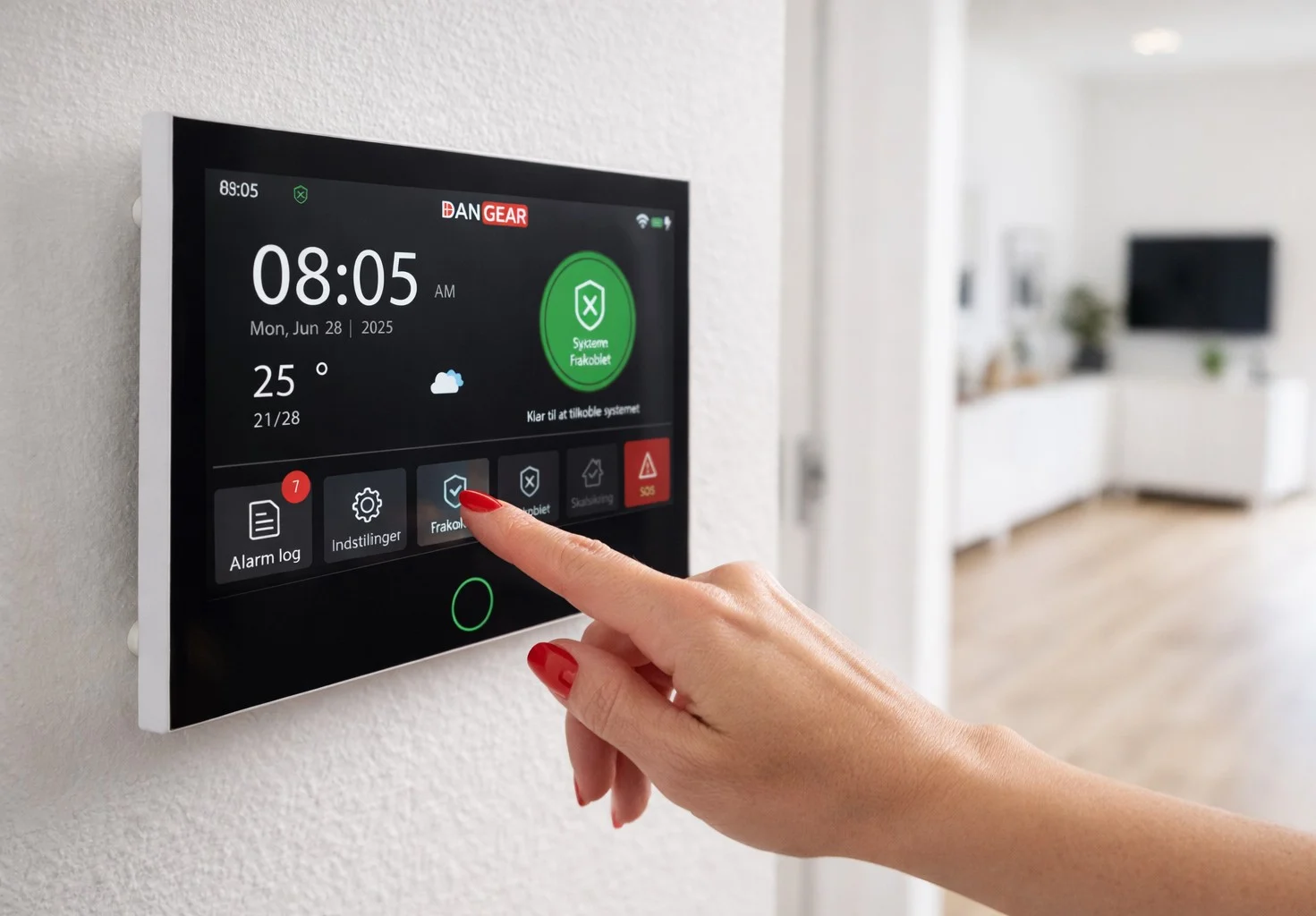 Hånd-som-betjener-DanGear-HEIMDALL-PRO-touchskærm-alarmpanelet 4G alarmsystem uden abonnement pakke