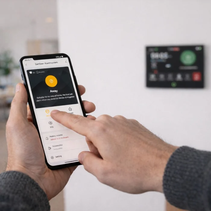 Hånd som betjener SmartLife app og DanGear alarmsystem