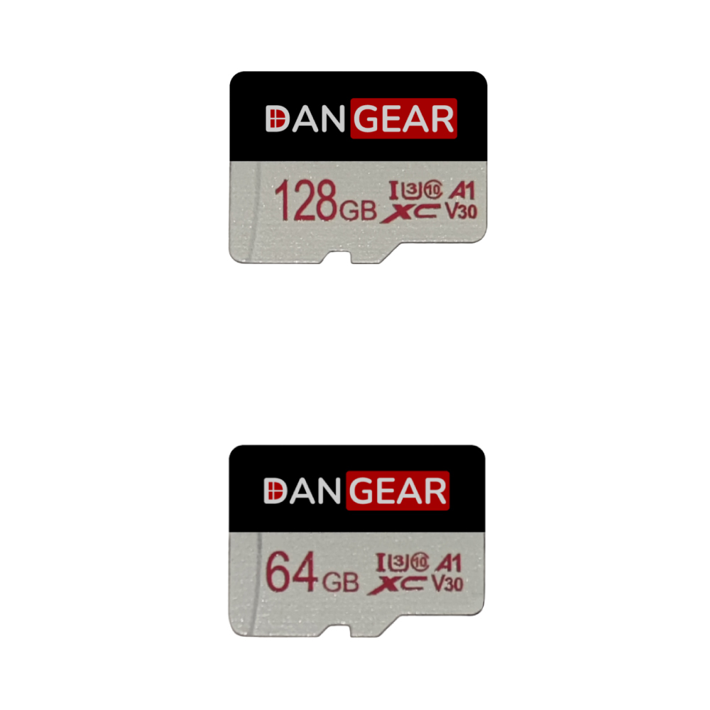 DanGear micro SD kort 64gb og 128gb ved siden af hinanden lodret