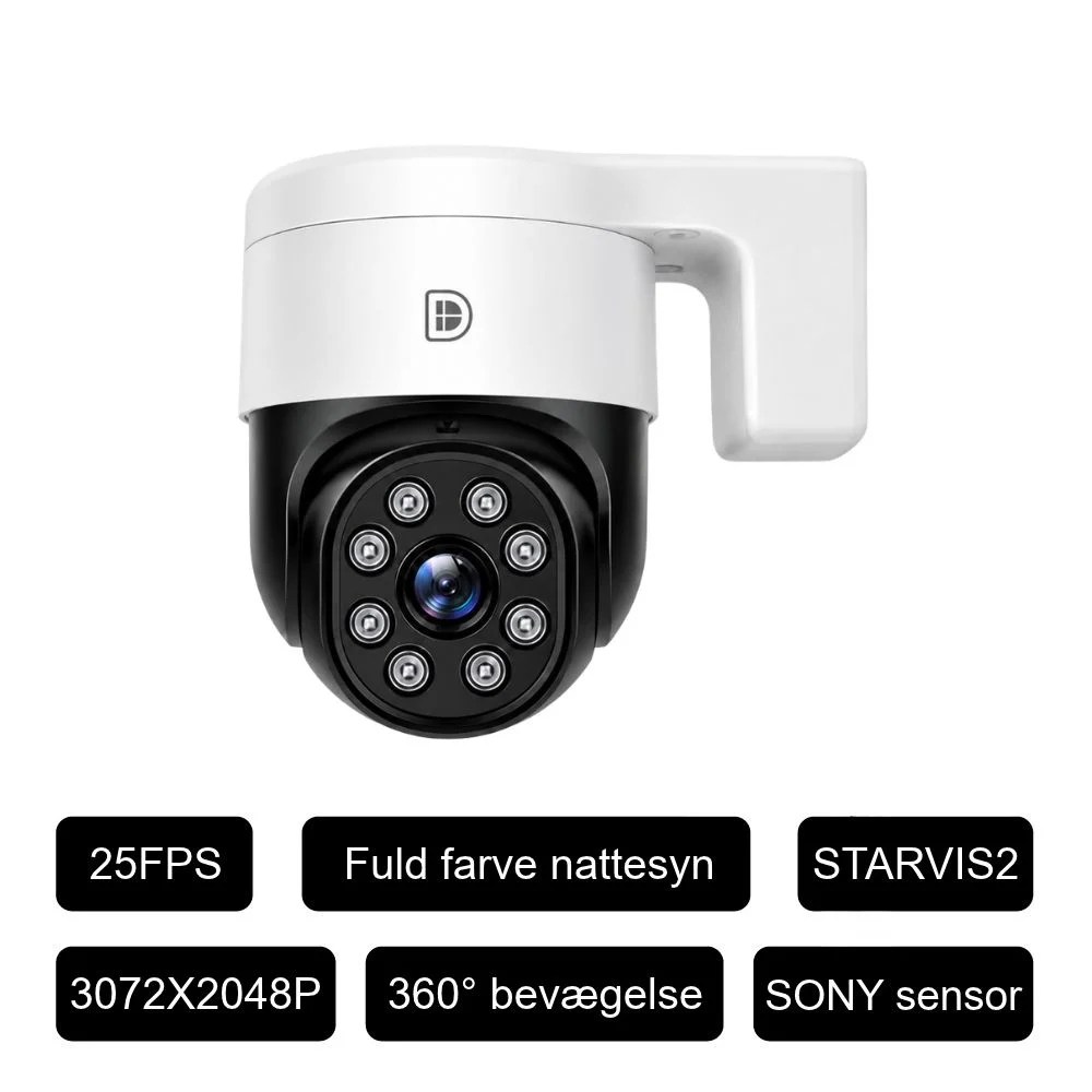 DanGear MUNIN 6MP PTZ-overvågningskamera med 25 FPS, farve-nightvision, 3072 × 2048 pixels, 360° bevægelse og Sony STARVIS 2-sensor.