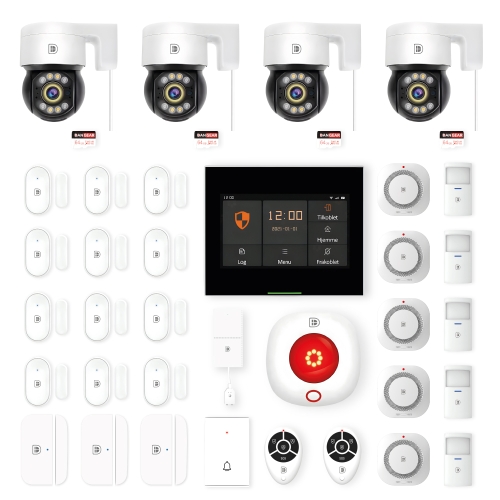 touchskærm alarmsystem med 4 PTZ kameraer mega pakke