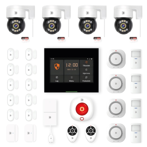 touchskærm alarmsystem med 4 PTZ kameraer stor pakke