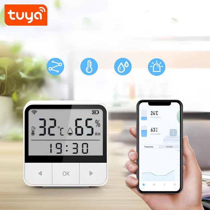 WiFi temperatur og fugtighedsmåler og ur med display med gratis app