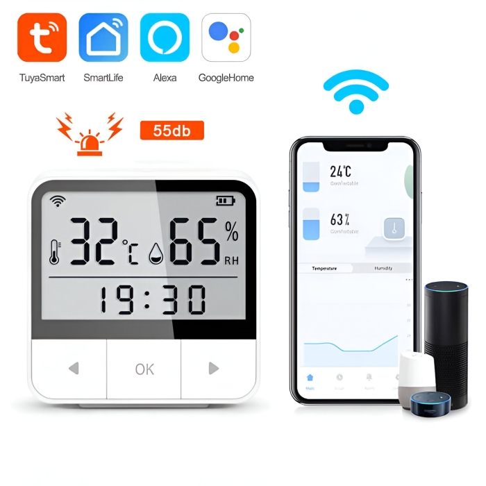 WiFi temperatur og fugtighedsmåler og ur med display med gratis app