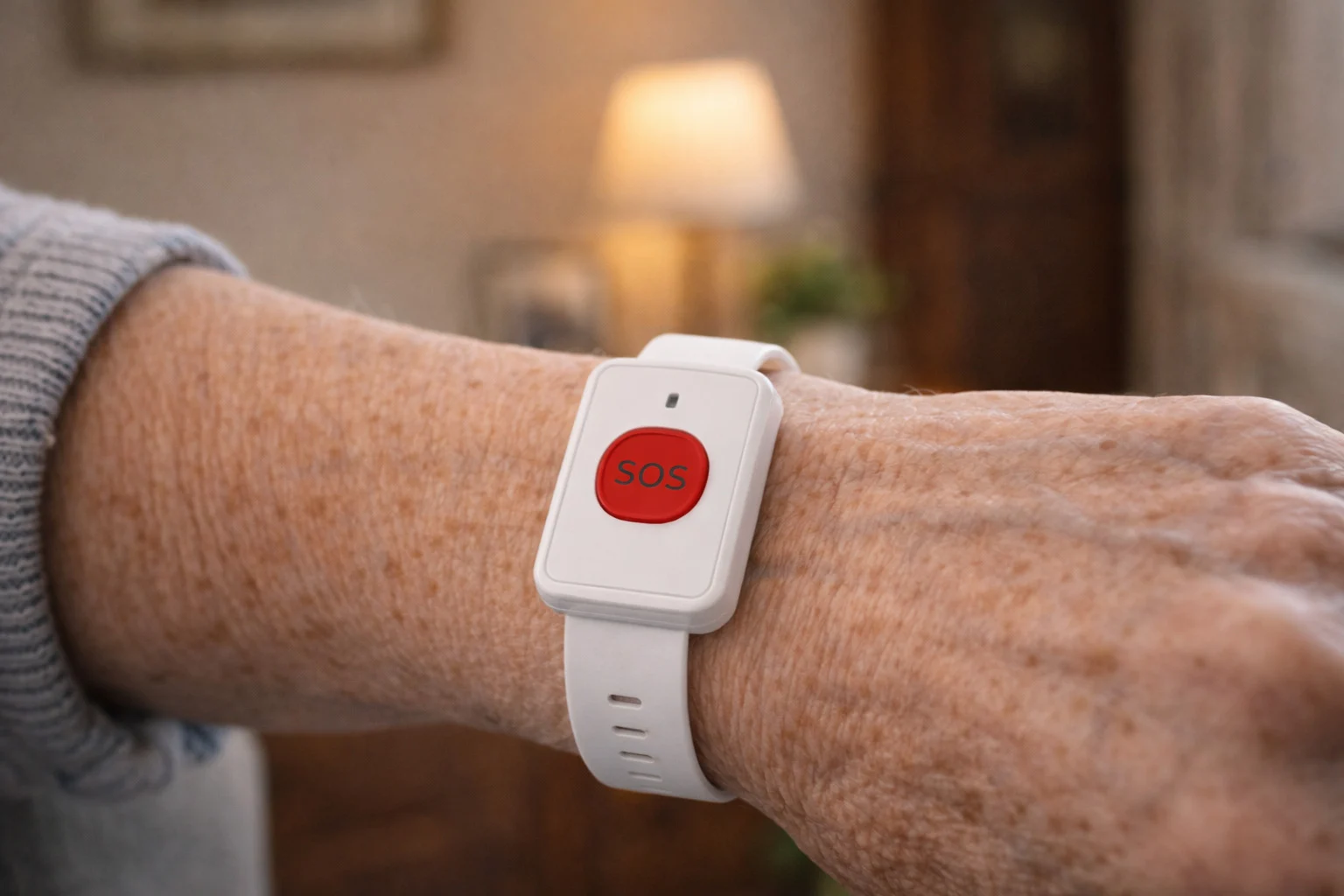 4G-tryghedsalarm-med-simkort-og-SOS-snor-armbånd-på-arm 4G tryghedsalarm med simkort og SOS knap