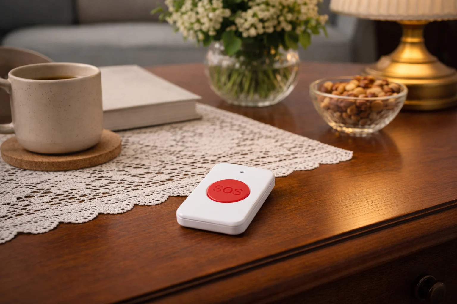 4G-tryghedsalarm-med-simkort-og-SOS-snor-fjernbetjening-paa-tvbord 4G tryghedsalarm med simkort og SOS knap