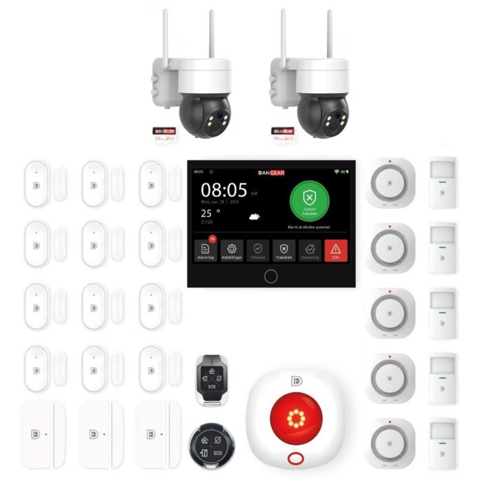 DanGear touch WiFi og 4G alarmsystem med 2 batteri PTZ kameraer mega pakke