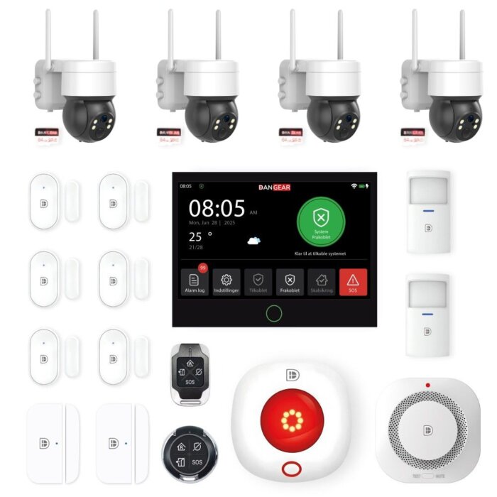 DanGear touch WiFi og 4G alarmsystem med 4 batteri PTZ kameraer lille pakke