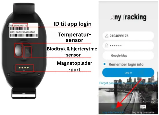 GPS armbånd bagside og anytracking app login