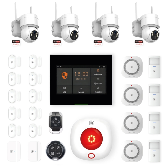 DanGear touch WiFi & 4G alarmsystem med 4 batteri PTZ kameraer stor pakke