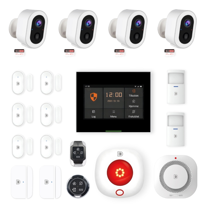DanGear touch WiFi & 4G alarmsystem med 4 batteri kameraer lille pakke