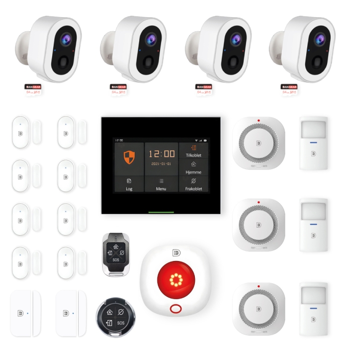 DanGear touch WiFi & 4G alarmsystem med 4 batteri kameraer mellem pakke