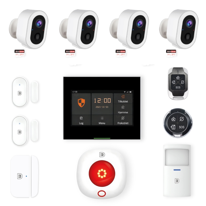 DanGear touch WiFi & 4G alarmsystem med 4 batteri kameraer mini pakke
