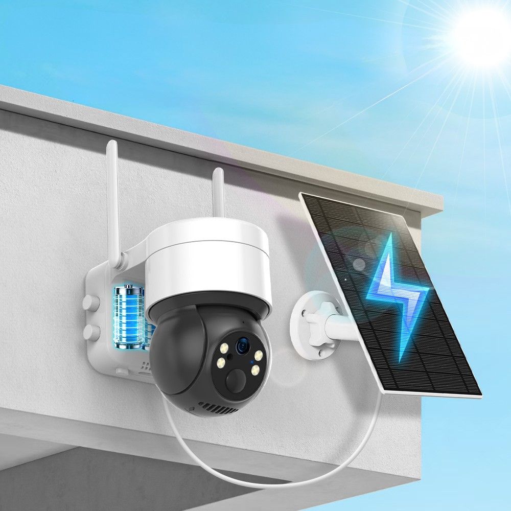 DanGear-WiFi-4MP-PTZ-batteridrevet-overvaagningskamera-med-solcelle-opladning-9000-mAh alarmsystem med 4 kameraer lille pakke