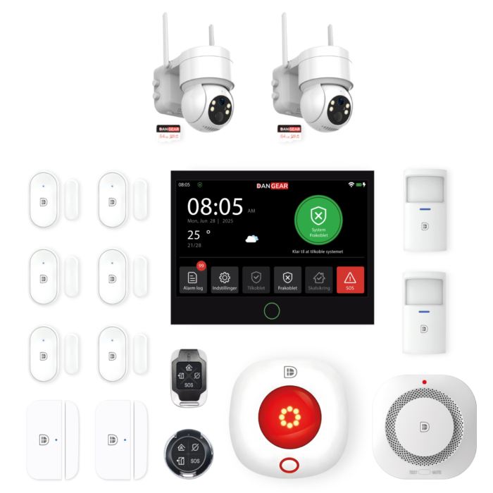 DanGear touch WiFi og 4G alarmsystem med 2 batteri PTZ kameraer lille pakke