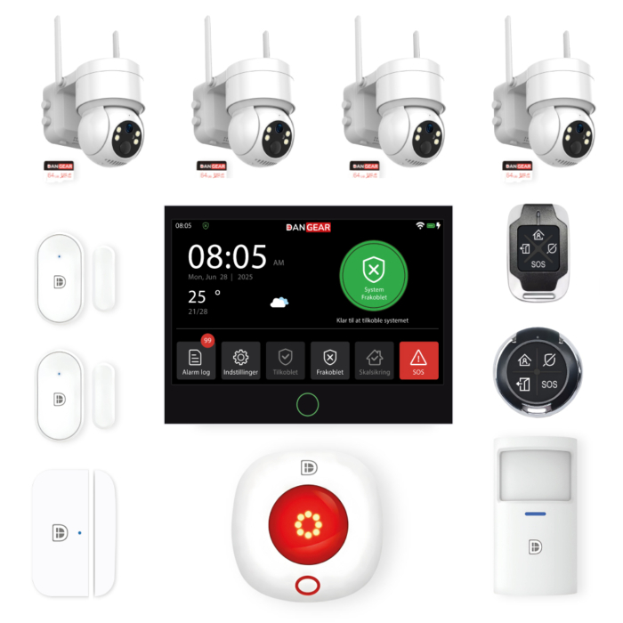 DanGear touch WiFi og 4G alarmsystem med 4 batteri PTZ kameraer mini pakke