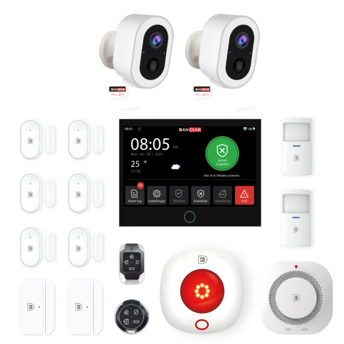 DanGear touch WiFi og 4G alarmsystem med 2 batteri kameraer lille pakke