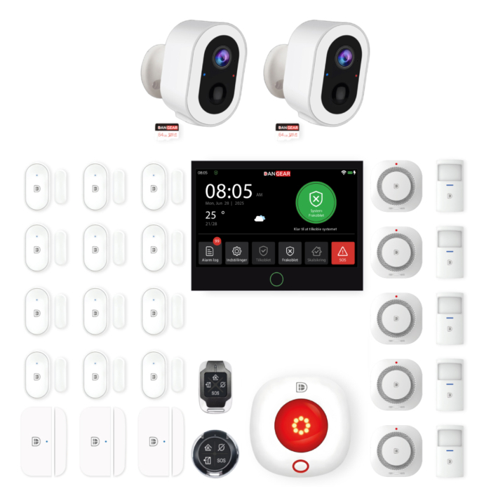 DanGear touch WiFi og 4G alarmsystem med 2 batteri kameraer mega pakke