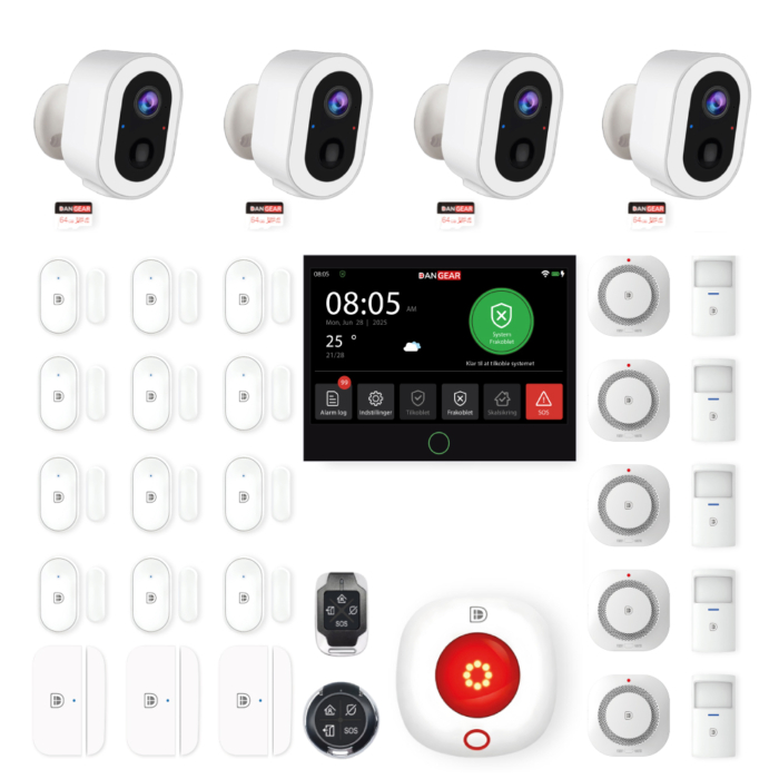 DanGear touch WiFi og 4G alarmsystem med 4 batteri kameraer mega pakke