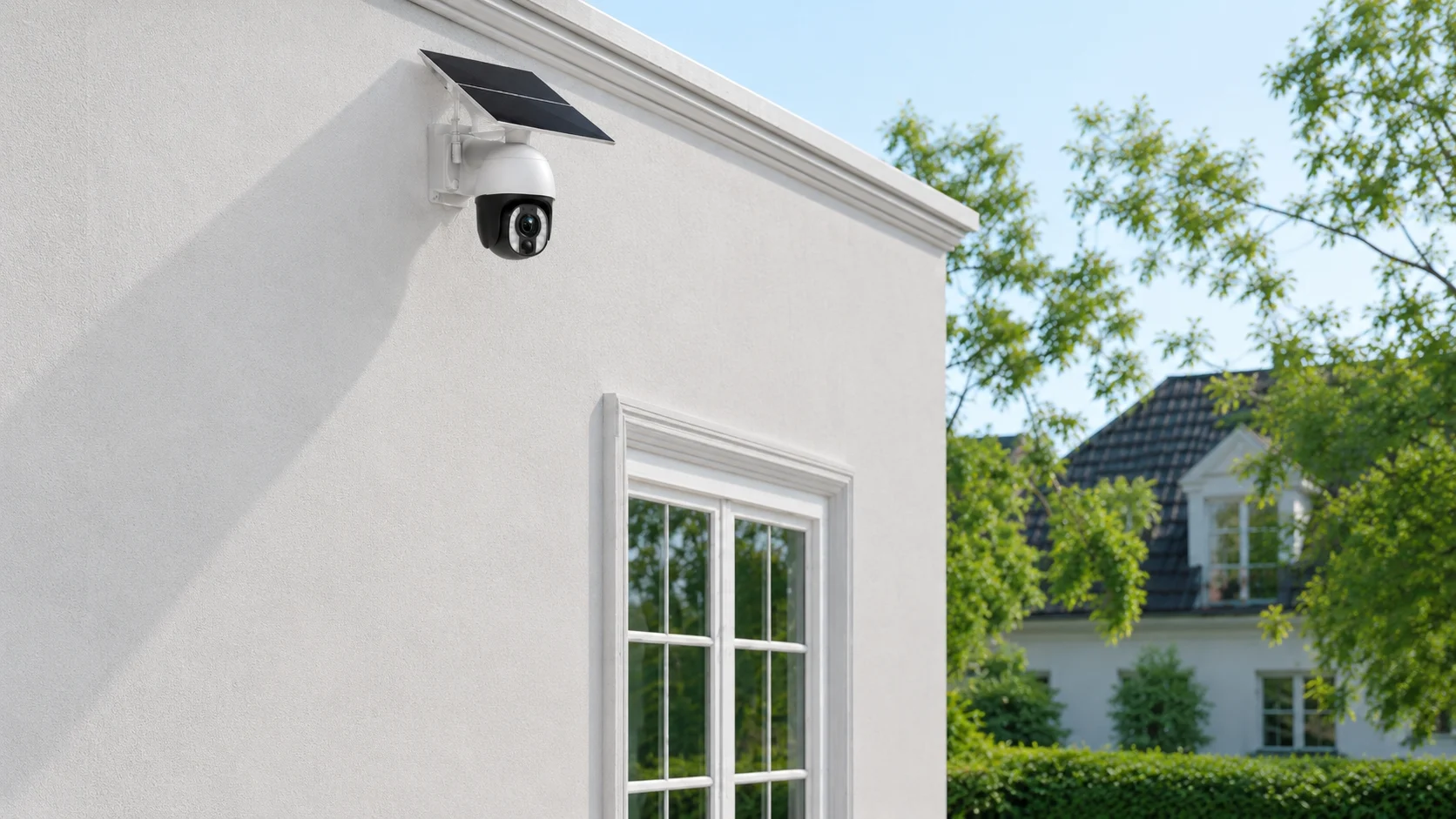 DanGear 5MP 4G PTZ overvågningskamera med mega batteri og solcelle monteret på hvid villa 4G PTZ solcelle batteri overvågningskamera 20x optisk zoom