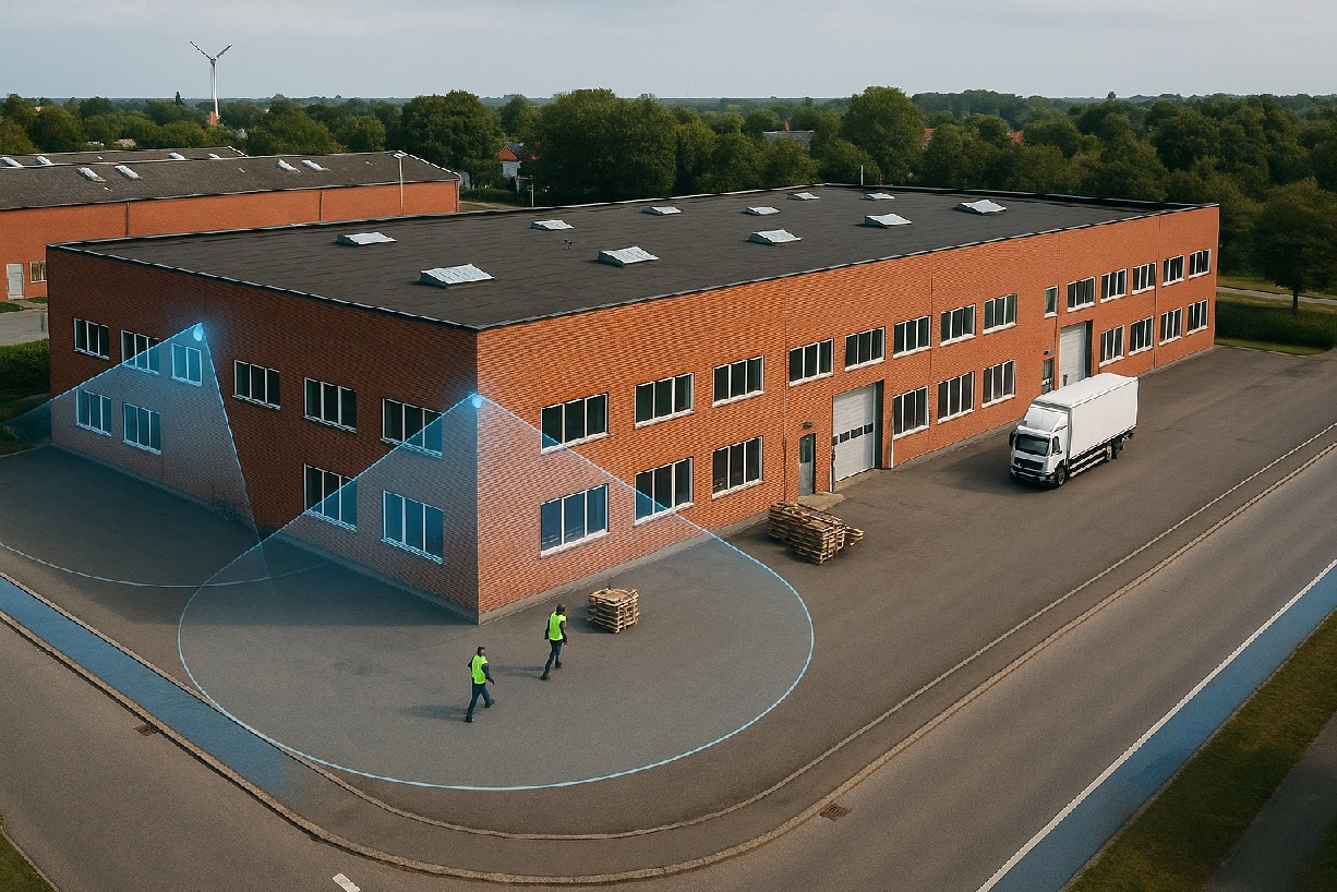 Lager bygning i Danmark med 360 grader udendørs kamera med nightvision