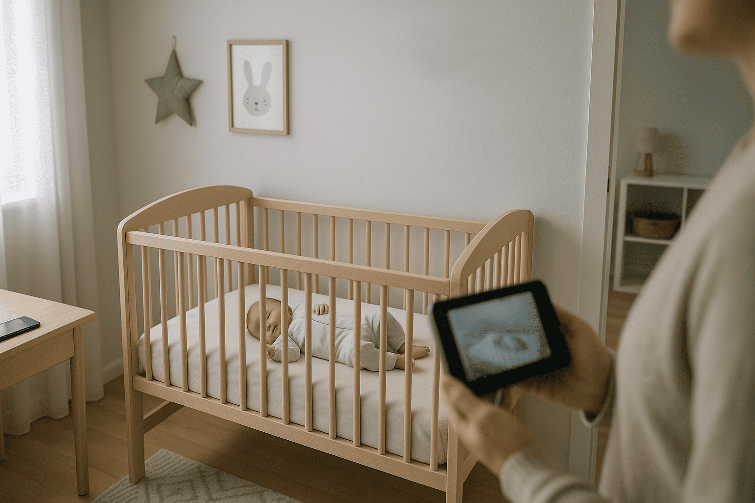 Forældre med monitor i hånden til babyalarm videoovervågning