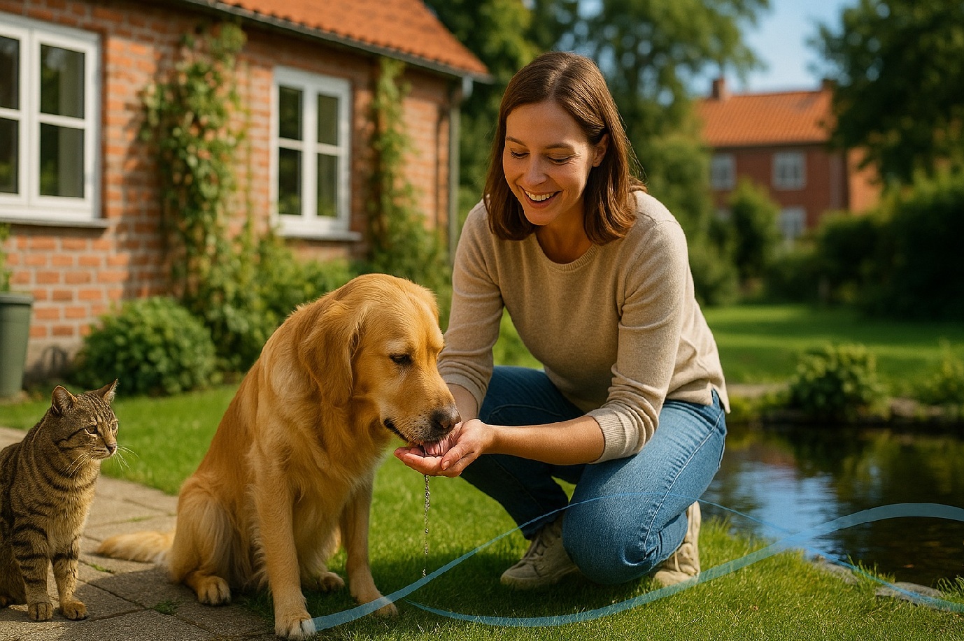 Kvinde taler til sin hund om den bedste vandfontæne til hund