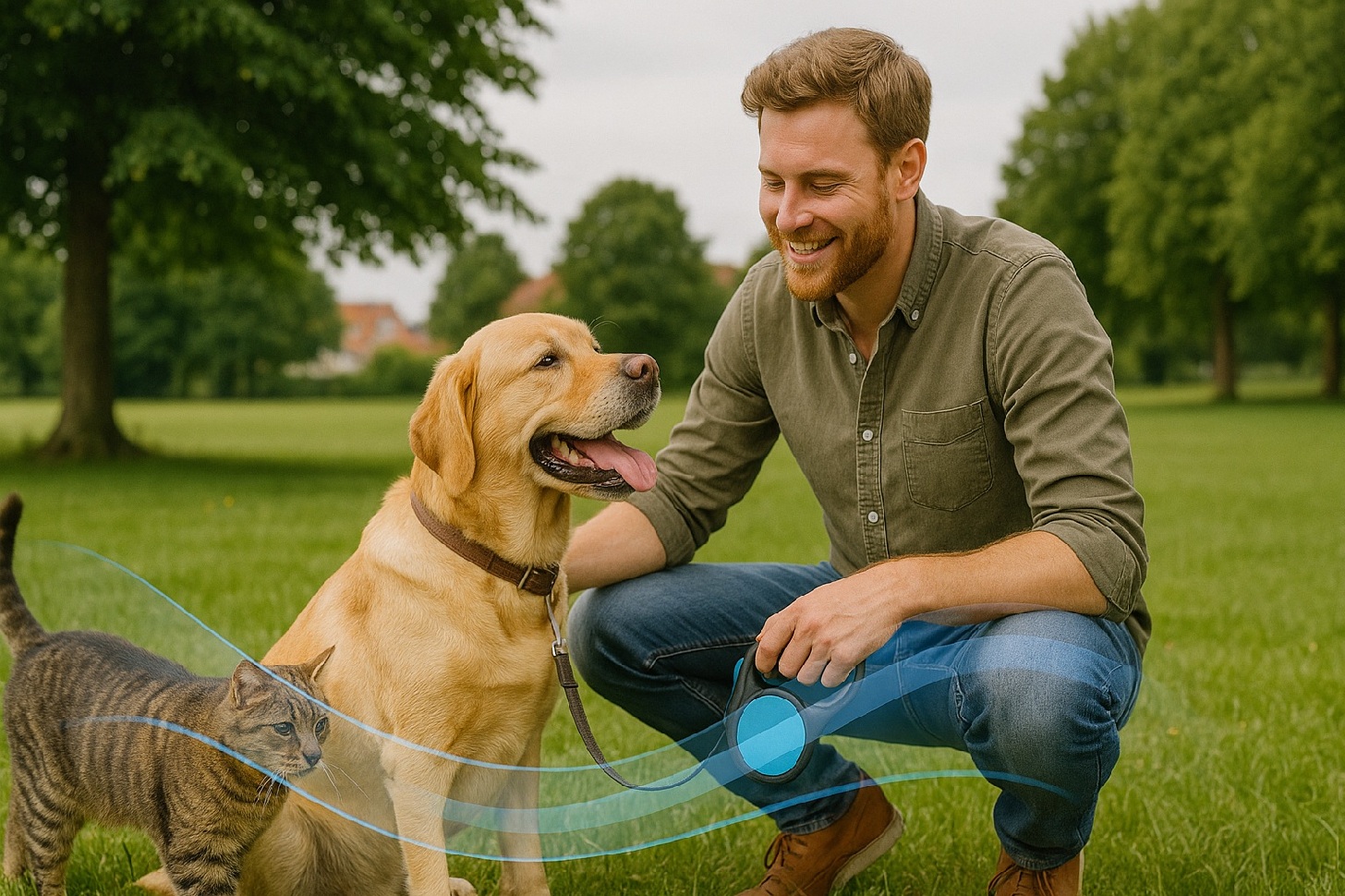 Mand sidder på hug og aer sin hund og siger GPS tracker til hund og kat - guide til valg, opsætning og brug