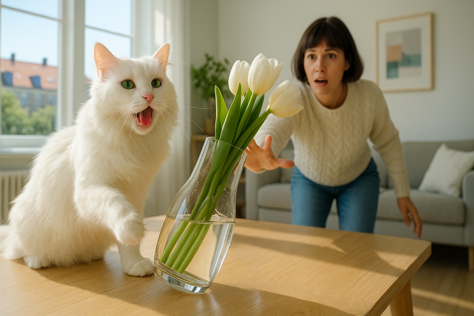 Kat som vælter vase på bord fordi den savner rindende vand til katte