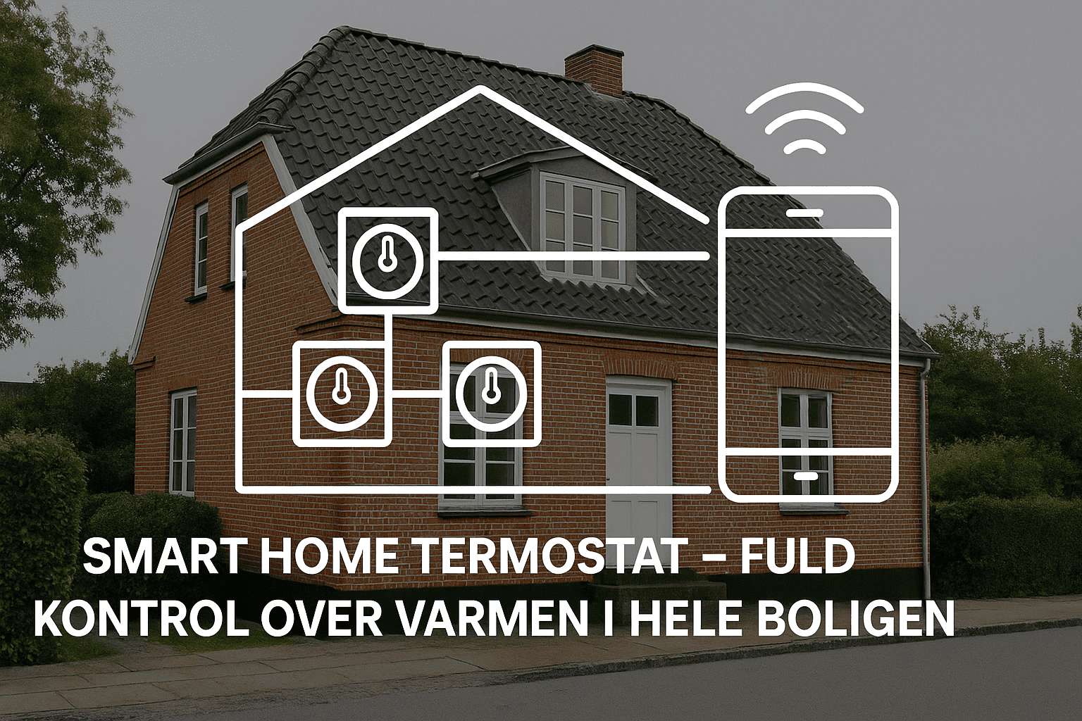 Illustration som viser et dansk hus og hvordan en smart home termostat giver fuld kontrol over varmen i boligen