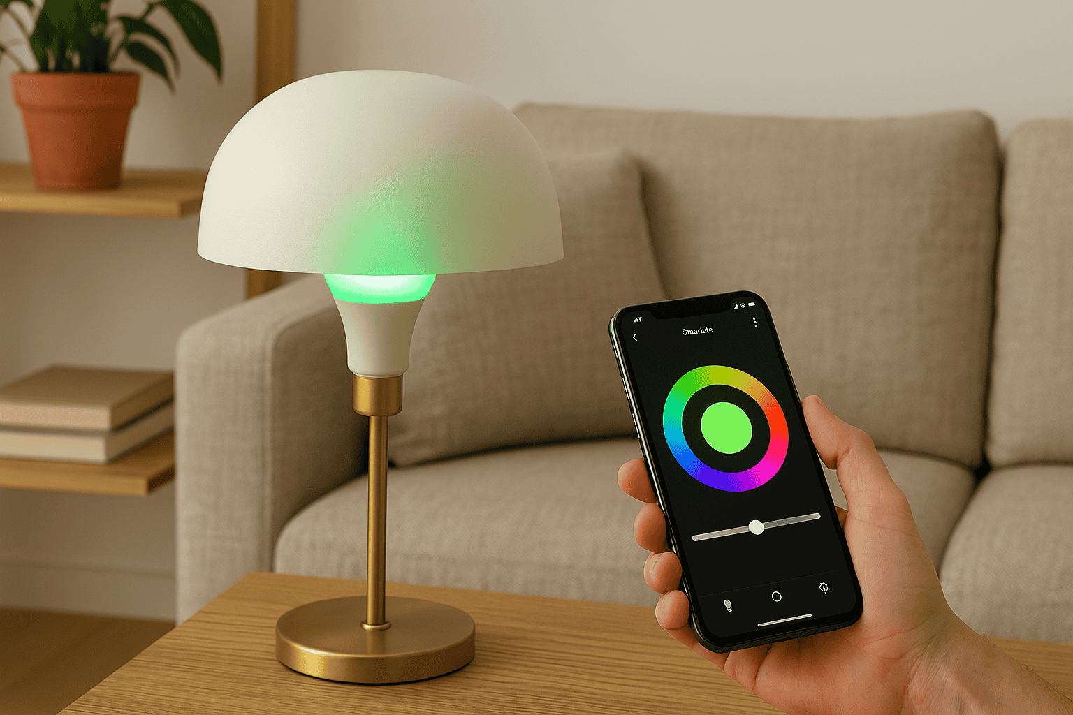En smart pære WiFi i en bordlampe og en smartphone som styrer lys farven