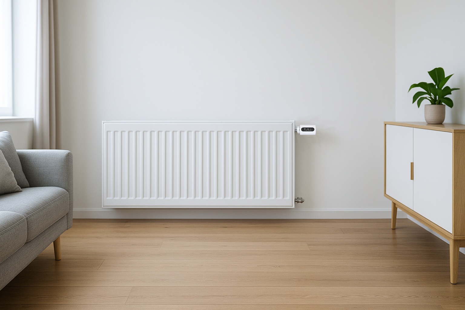 Smart thermostat til radiator monteret på en ratdiator i et moderne dansk hus
