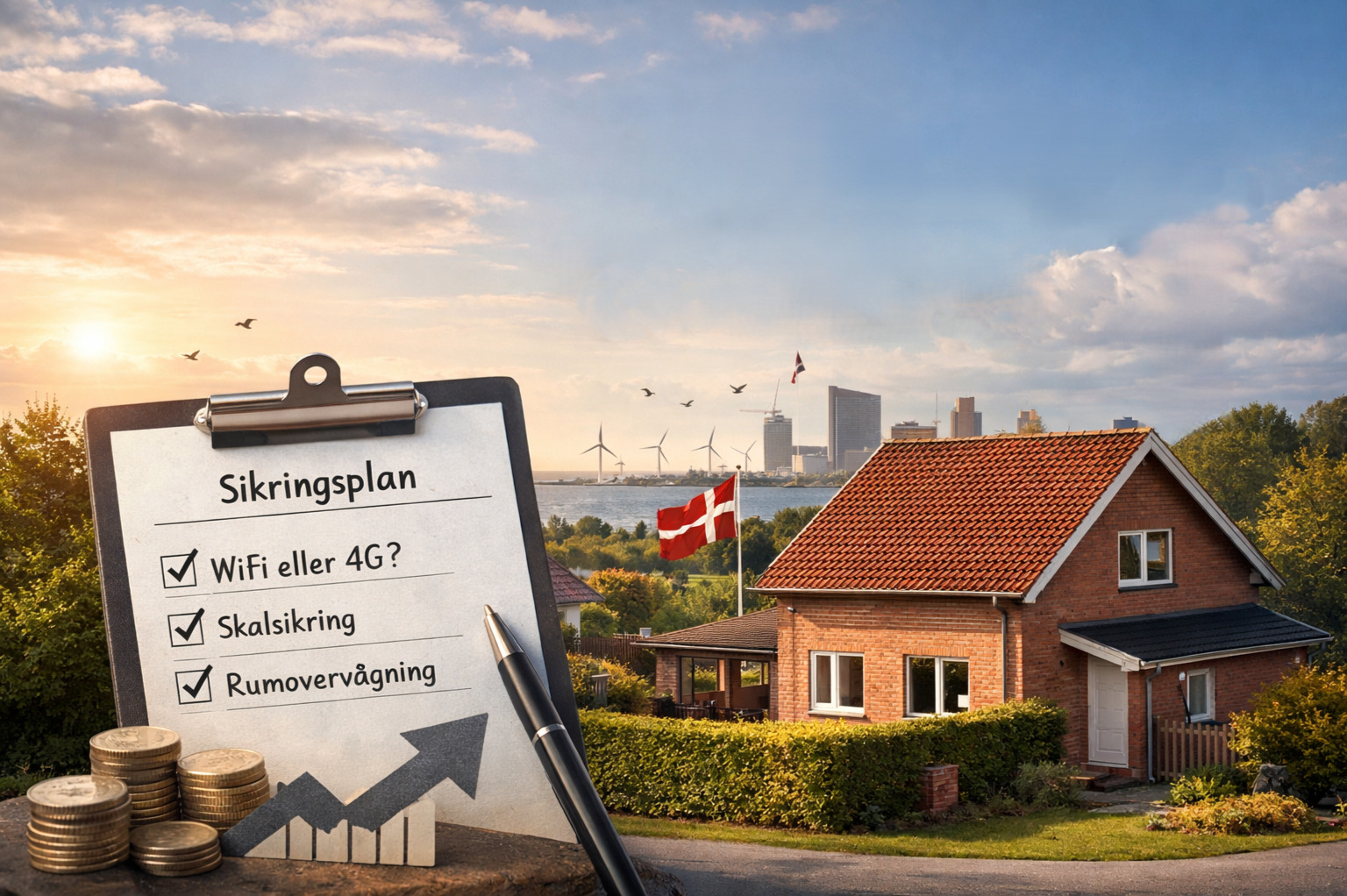 Illustration af dansk hus og mappe med alarm priser uden abonnement