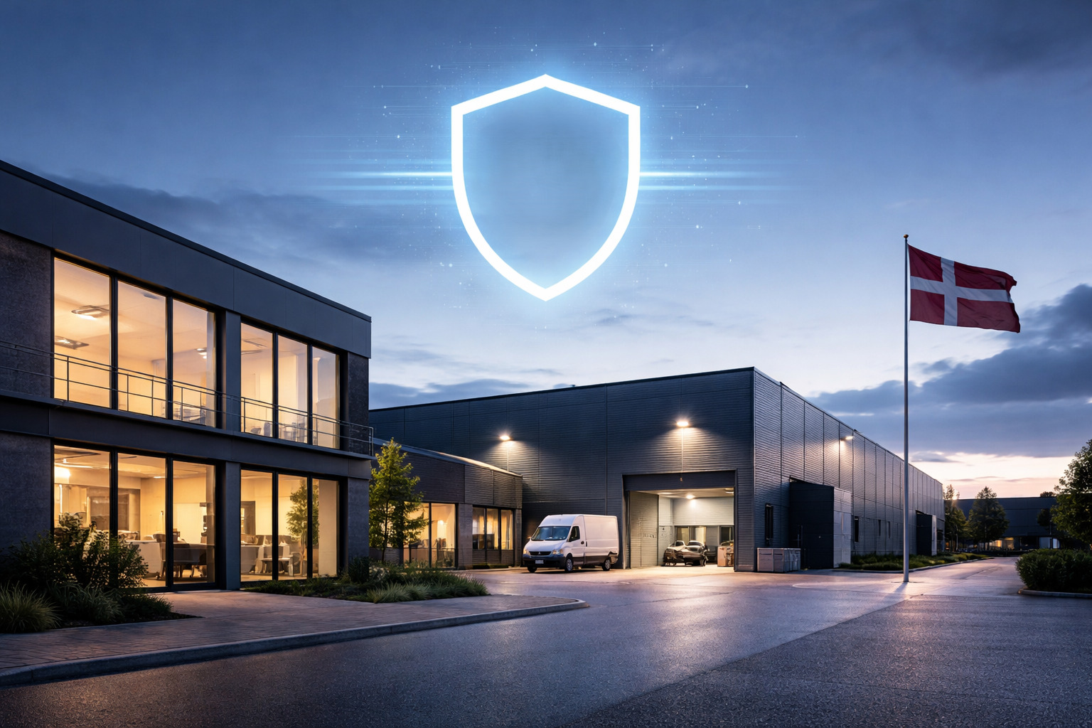 Illustration af dansk virksomhedsbygning med skjold ikon som viser alarm til erhverv