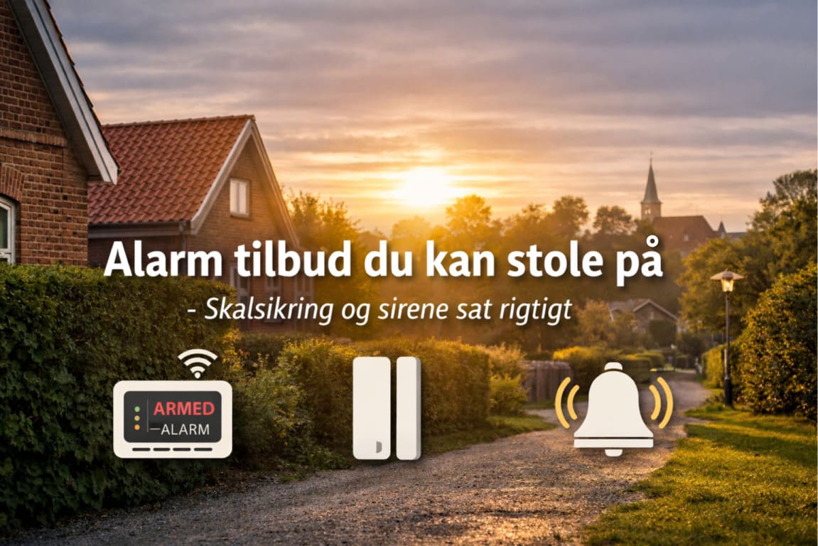 Solnedgang over dansk villakvarter med stisystem og kirketårn i baggrunden, teksten “Alarm tilbud du kan stole på – Skalsikring og sirene sat rigtigt” samt ikoner for alarm, dørkontakt og sirene.