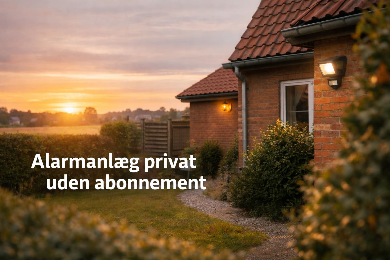 Solnedgang ved dansk murstenshus med udendørs lys og haven i forgrunden, med teksten “Alarmanlæg privat uden abonnement”.