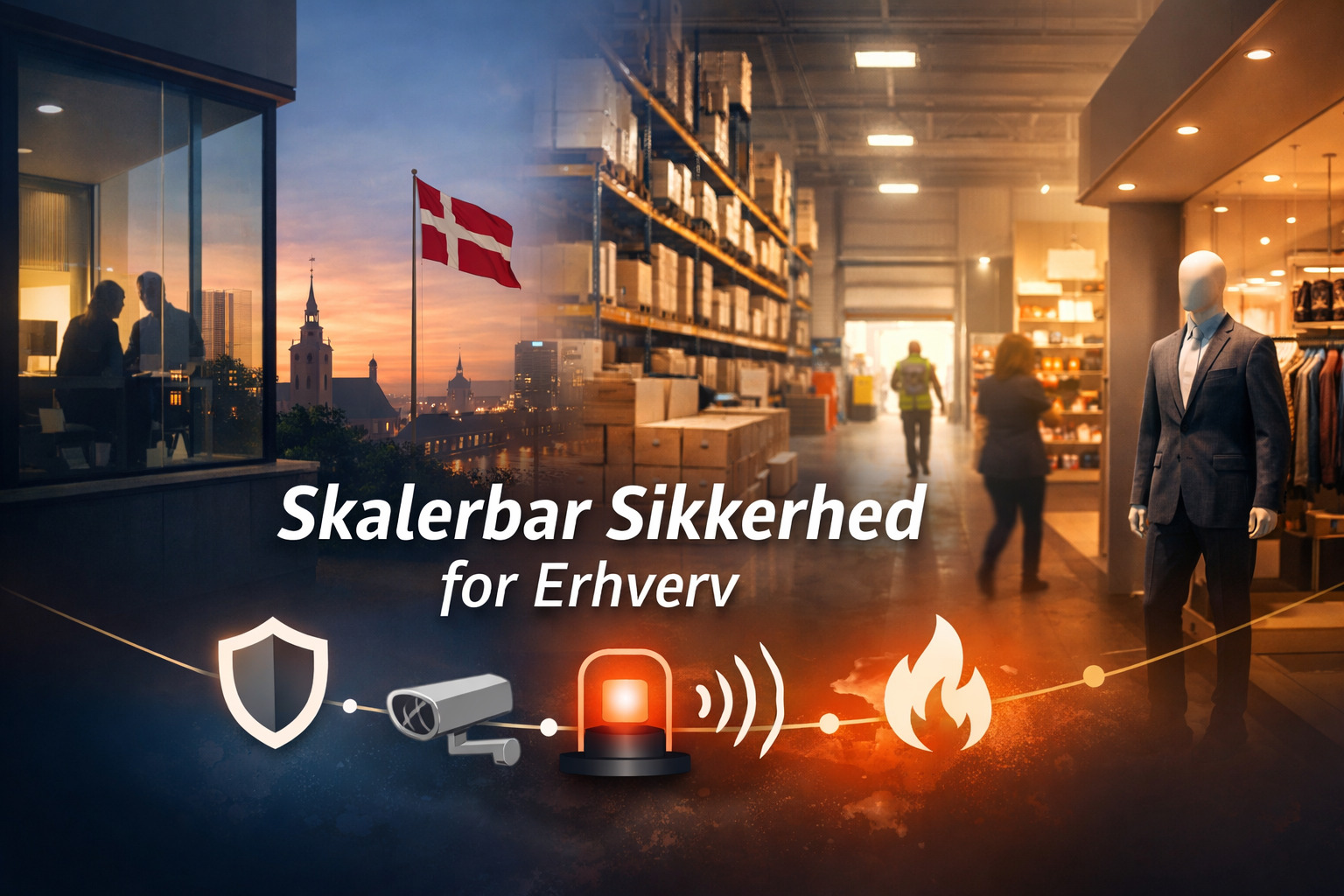 Illustration af dansk butik og virksomhedsbygning set udefra som viser alarmsystem til erhverv muligheder