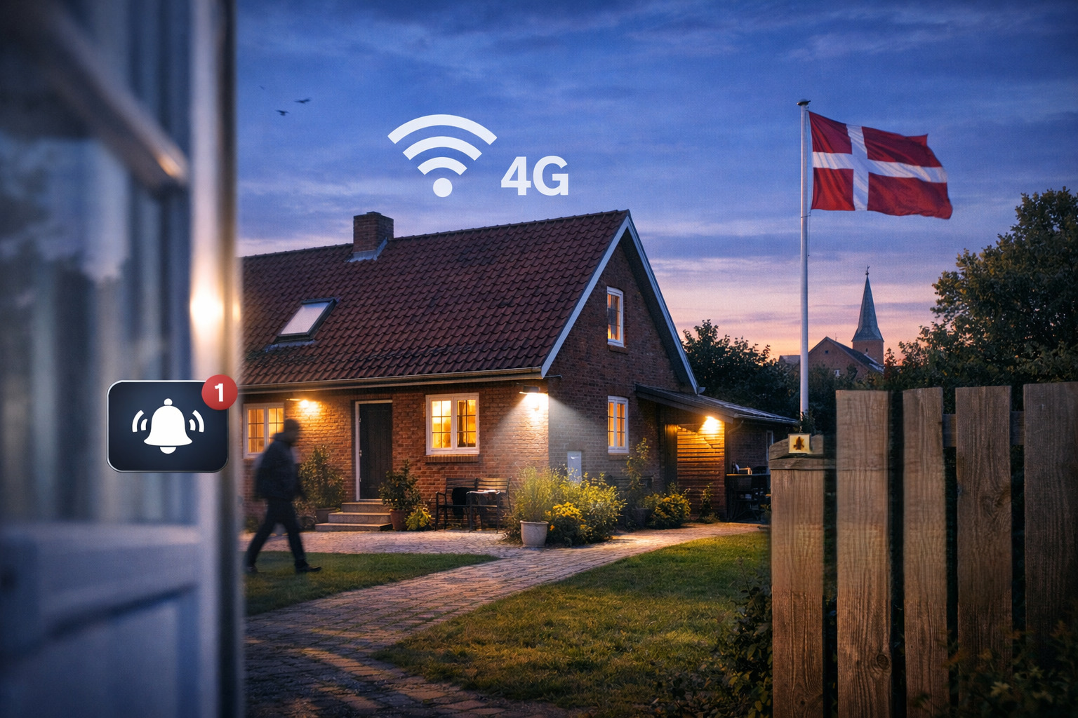 Illustration af dansk hus og dansk flag der viser den bedste alarm uden abonnement