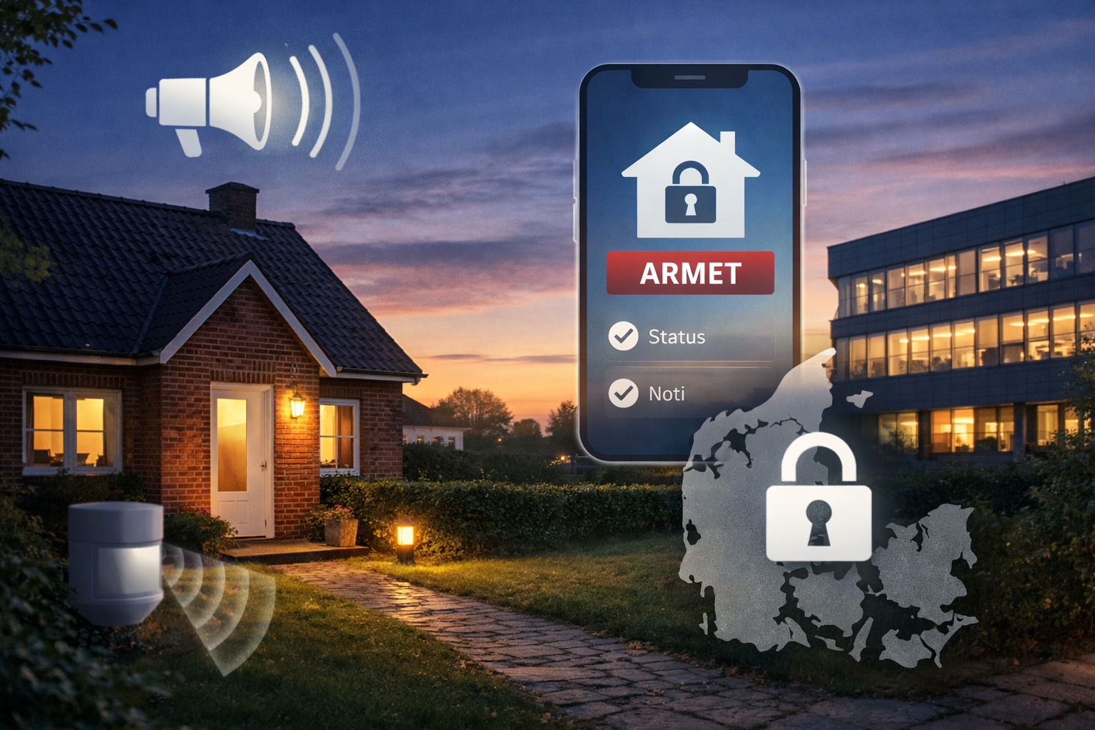 Billede som viser et hus i danmark og en virksomhed i danmark og guider til de bedste alarmsystemer til hjem og erhverv
