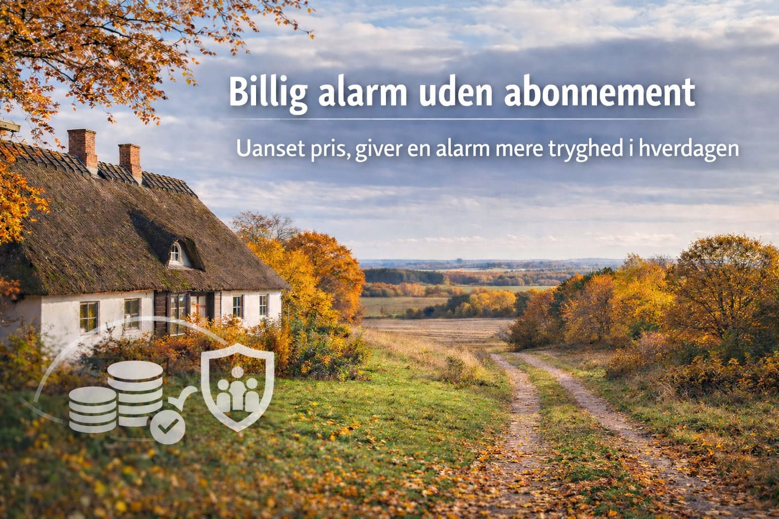Efterårsbillede af dansk landhus med stråtækt tag og udsigt over marker, teksten “Billig alarm uden abonnement” og “Uanset pris, giver en alarm mere tryghed i hverdagen” samt ikoner for mønter og tryghed.