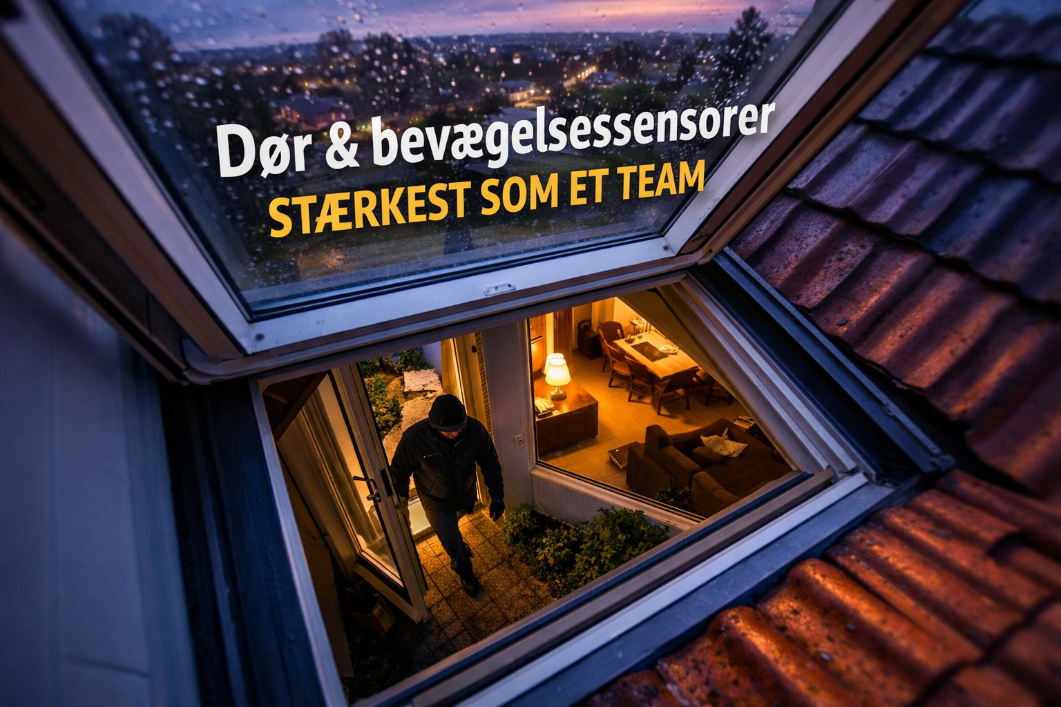 billedet viser en indbrudstyv i perspektiv fra vindue med temaet dør og vinduessensorer og bevægelsessensorer