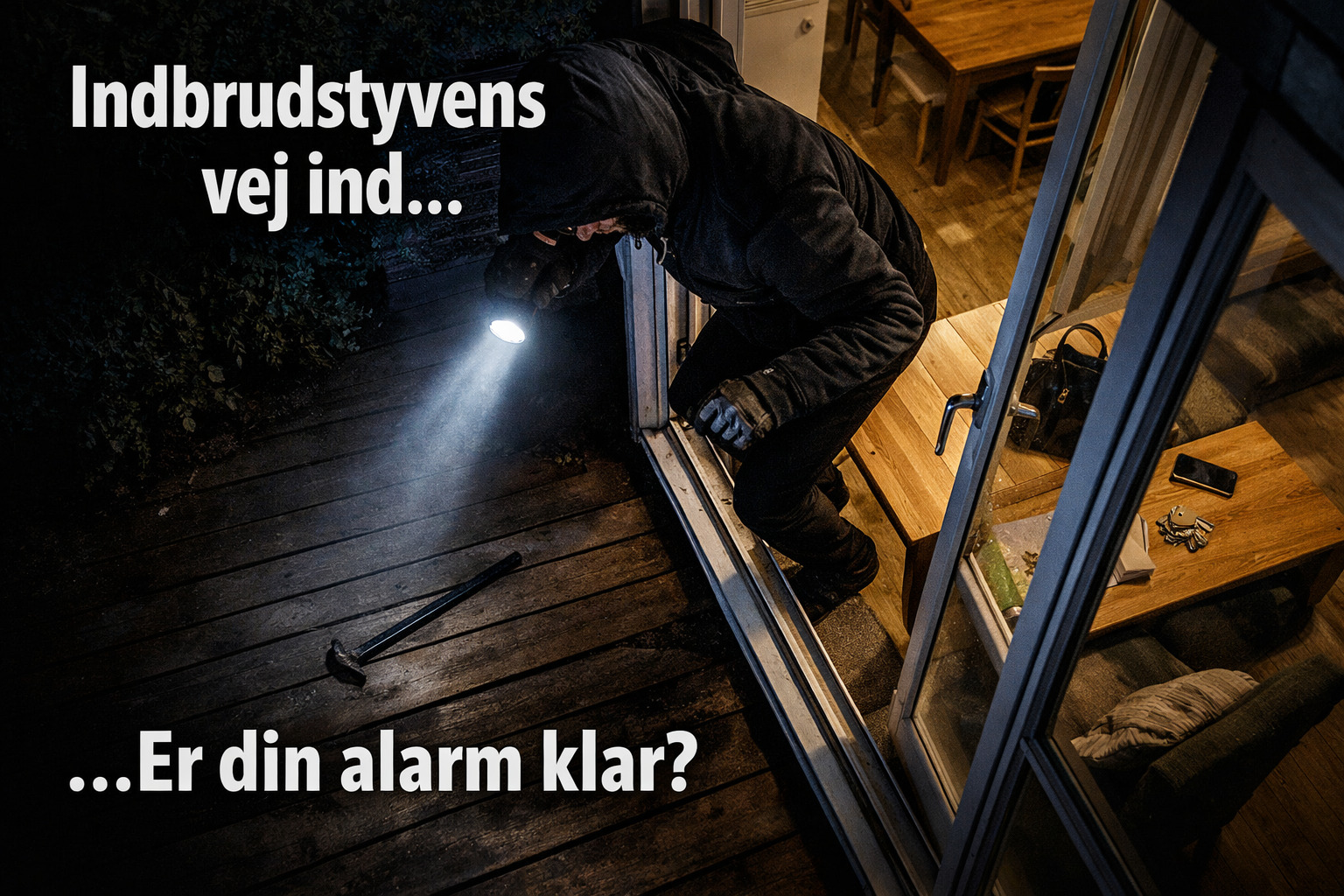 billede der illustrerer en indbrudstyv og hjemmealarm