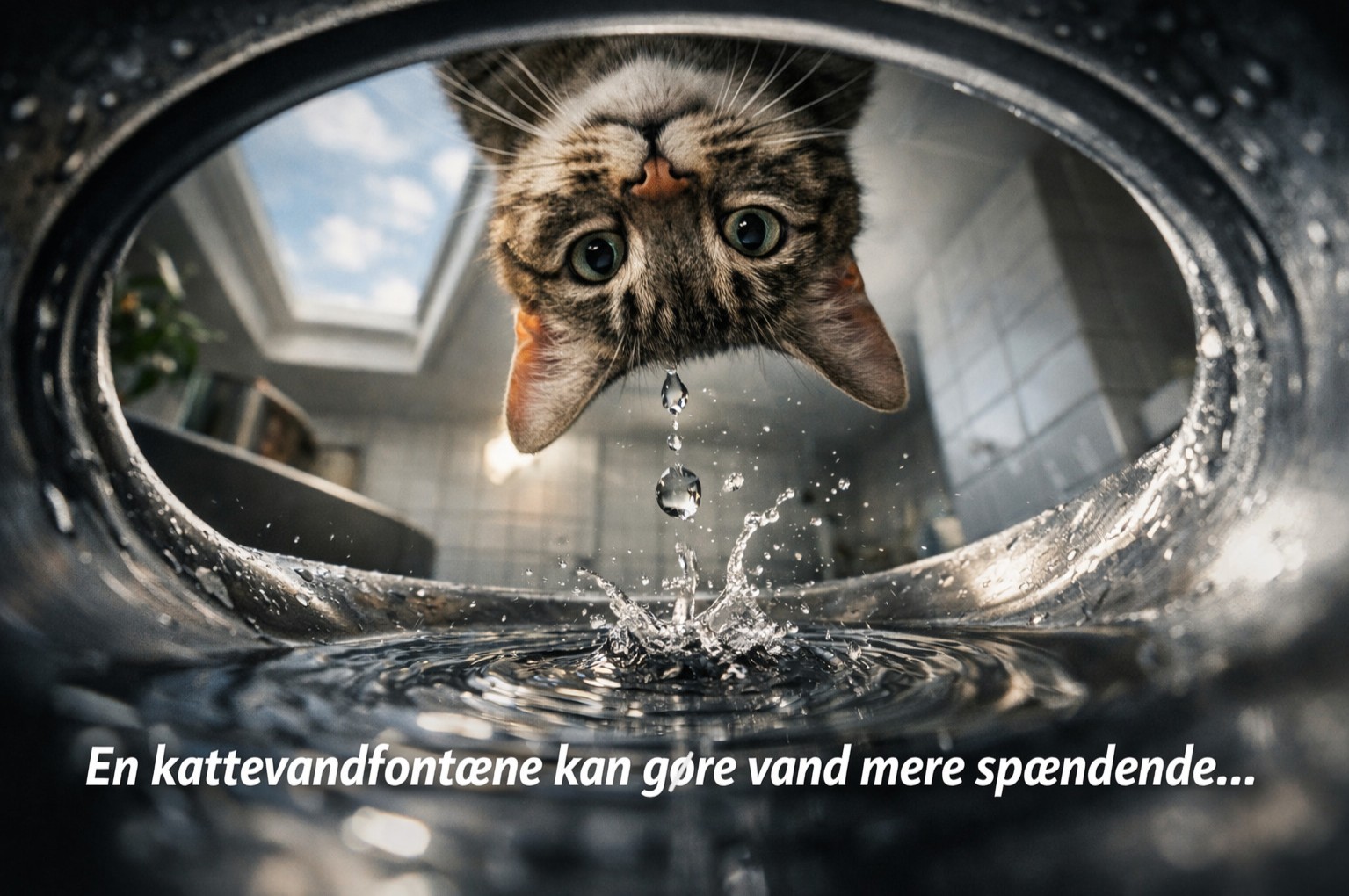 billede af en kat med hovedet nede i sin katte vandfontæne