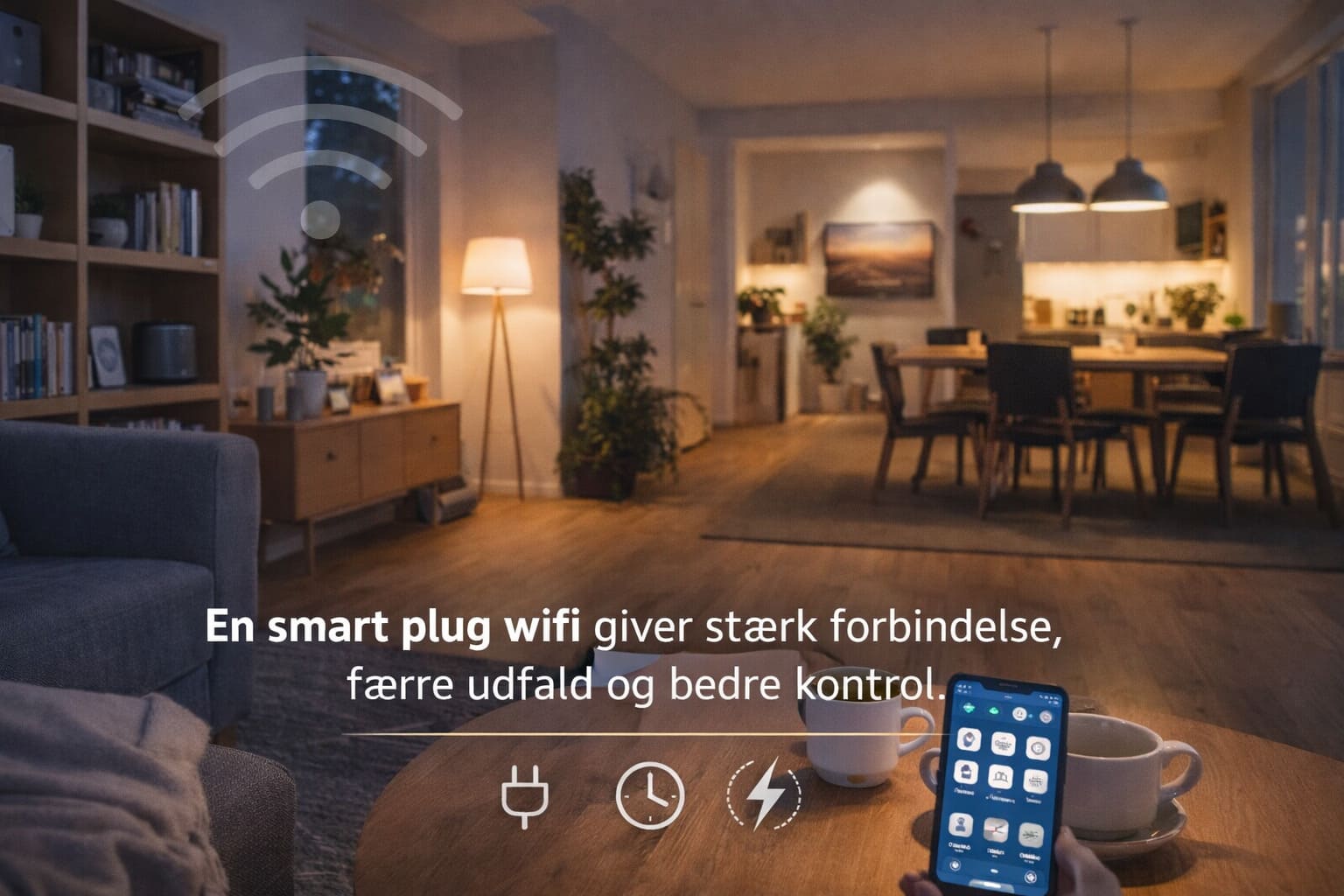 Kysthus ved solnedgang med tekst: “Smart plug WiFi der kombinerer stabil WiFi med automation du kan stole på” og ikoner: “Tidsplaner”, “Energimåling”, “Automatisering”.