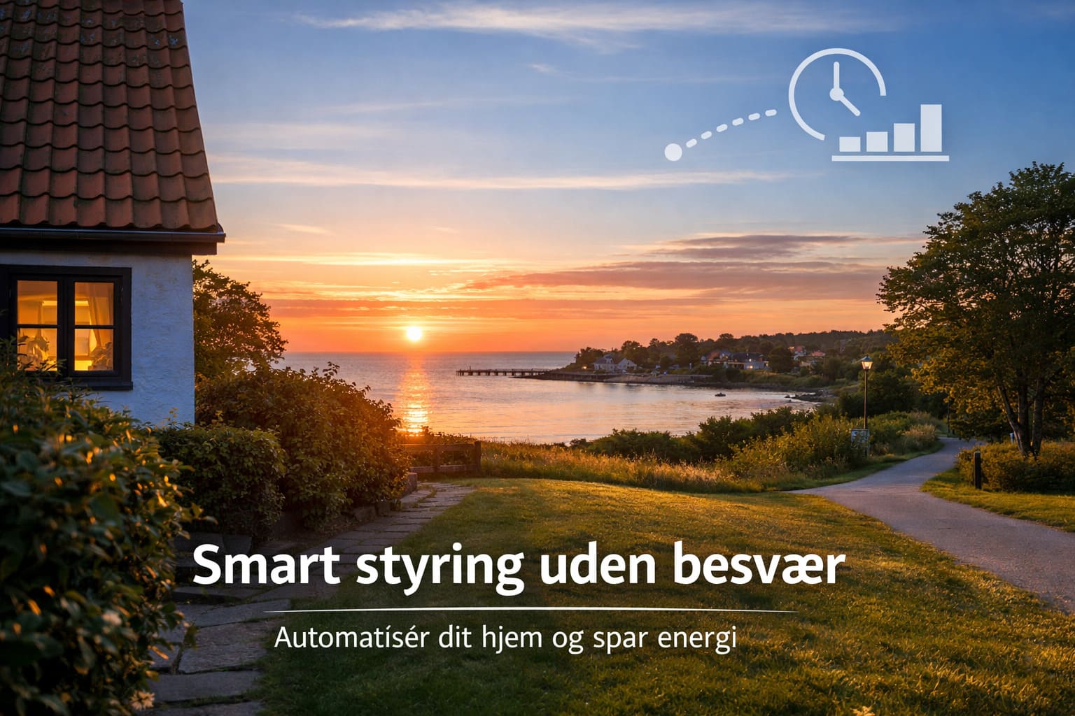 Solnedgang ved dansk kyst med hus og sti mod vandet, teksten “Smart styring uden besvær” og “Automatisér dit hjem og spar energi” samt ikon for tidsplan, smart socket og forbrugsgraf.