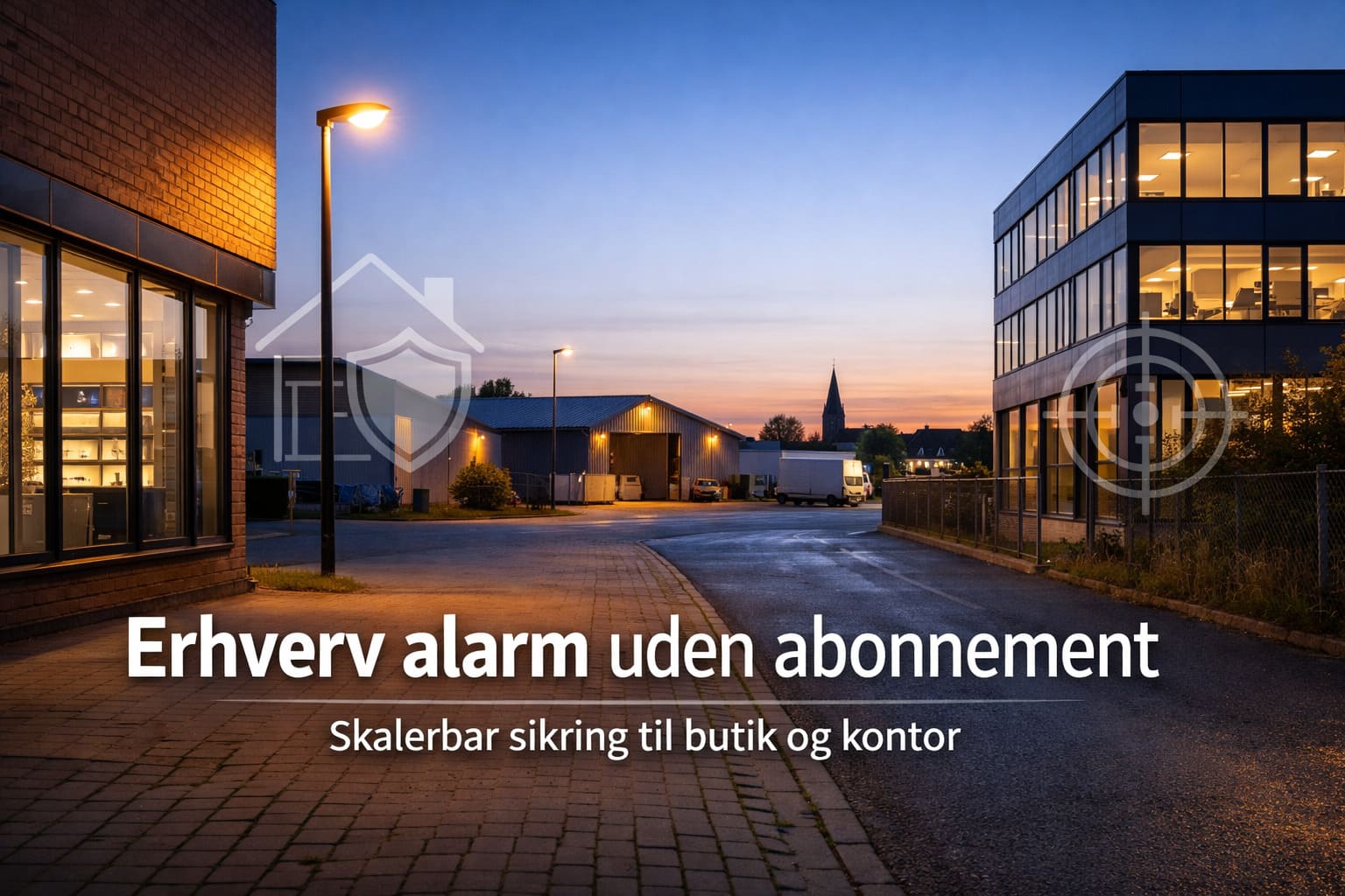 Dæmpet aftenlys i dansk erhvervsområde med kontorbygninger, lager og varevogne, teksten “Erhverv alarm uden abonnement” og “Skalerbar sikring til butik og kontor” samt diskrete grafiske sikkerhedsikoner.