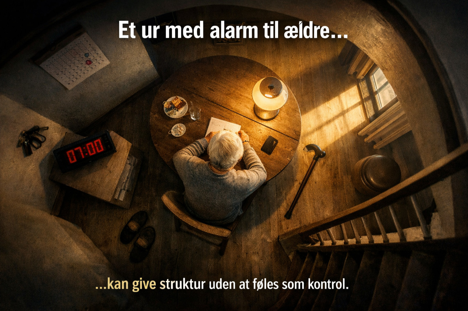 et billede af en mand der sidder i dagligstuen hvor ur med alarm til ældre skaber tryghed